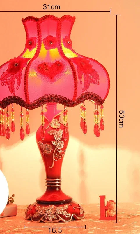 Decorative red lamp with measurements on a warm background