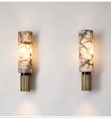 Marble and Gold Reeded Cylinder Wall Sconce, Modern Accent Lighting