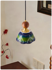 Green Ceramic Bell Pendant Light Hand Painted Floral Design