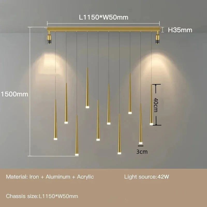 Chandelier with dimensions and material details on a gray background