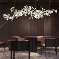 Gold Metal Ginkgo Leaf Pendant Chandelier with White Ceramic Flowers