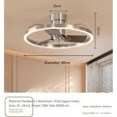 Ceiling fan with dimensions and material details on a neutral background