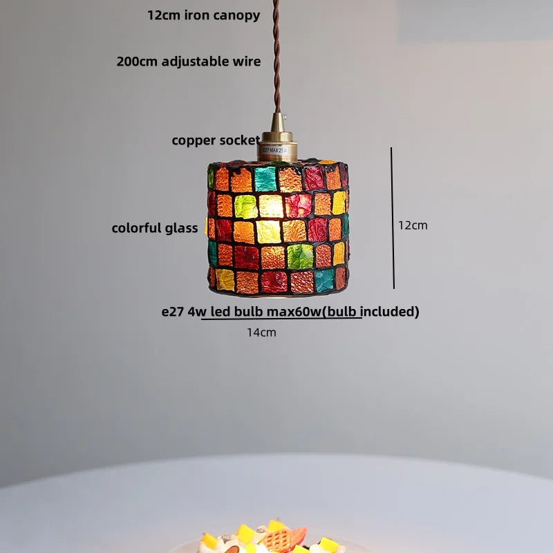 Colorful glass pendant light with dimensions and features labeled on a gray background