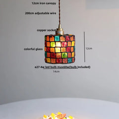 Colorful glass pendant light with dimensions and features labeled on a gray background