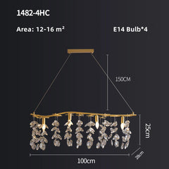 Chandelier with dimensions and specifications on a black background