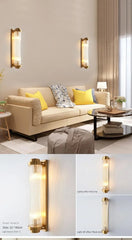 Modern living room with beige sofa, yellow cushions, and wall-mounted lights.