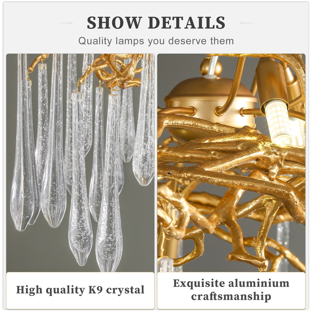 Chandelier with high-quality K9 crystal and exquisite aluminium craftsmanship, shown on a gray background.