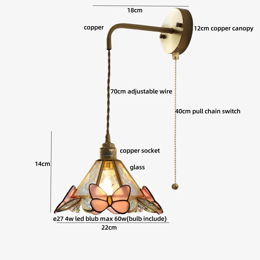 Butterfly-themed pendant light with measurements on a white background