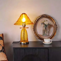 Amber Glass Mushroom Table Lamp with Textured Base and Frosted Shade