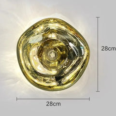 Gold circular light fixture with dimensions on a white background