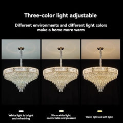 Comparison of the chandelier's light settings: bright white, comfortable warm white, and soft yellow light.