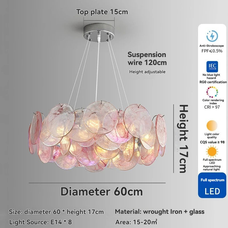 Chandelier with pink and clear glass discs on a gray background, featuring specifications and certifications.