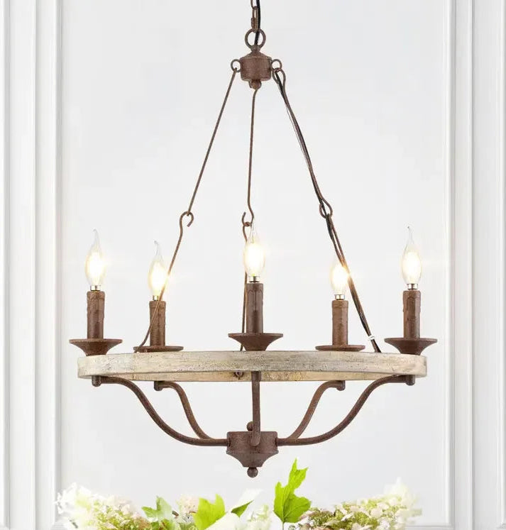 Vintage-style chandelier with five candle-like lights on a white background