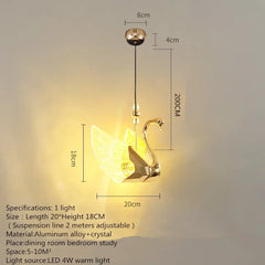 Gold swan-shaped pendant light with dimensions and specifications on a gray background