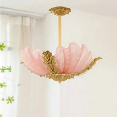 Gold Shell Glass Pendant Light with Leaf Accents