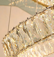 Close-up of a crystal chandelier with a soft background