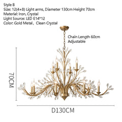 Brushed Gold Crystal Floral Chandelier Light Fixture
