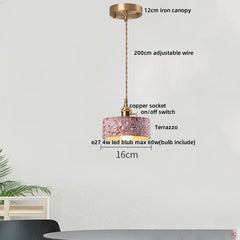 Pendant light with labeled components on a white background