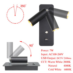Modern Black and Gold Adjustable Wall Sconce with USB Charging Port