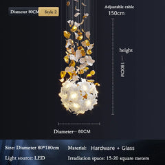 Gold Petal & White Flower Chandelier with Cascading Design