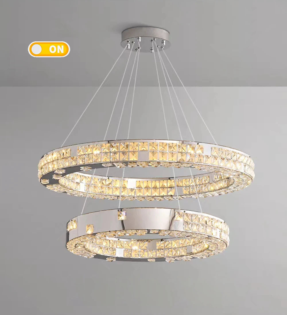 Chandelier with three circular rings on a gray background