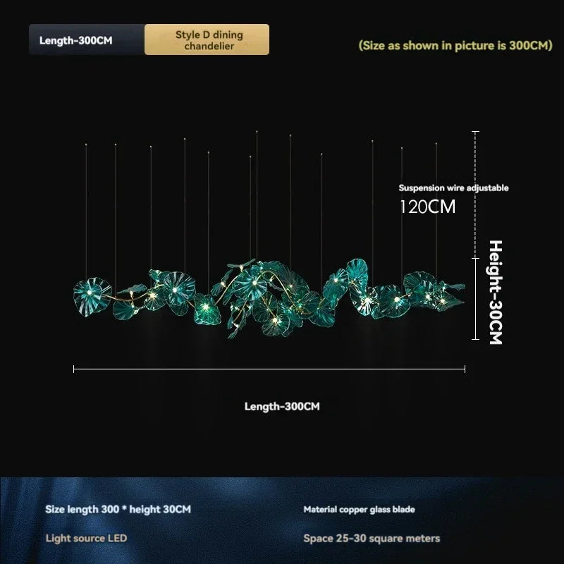 Chandelier with dimensions and specifications on a black background