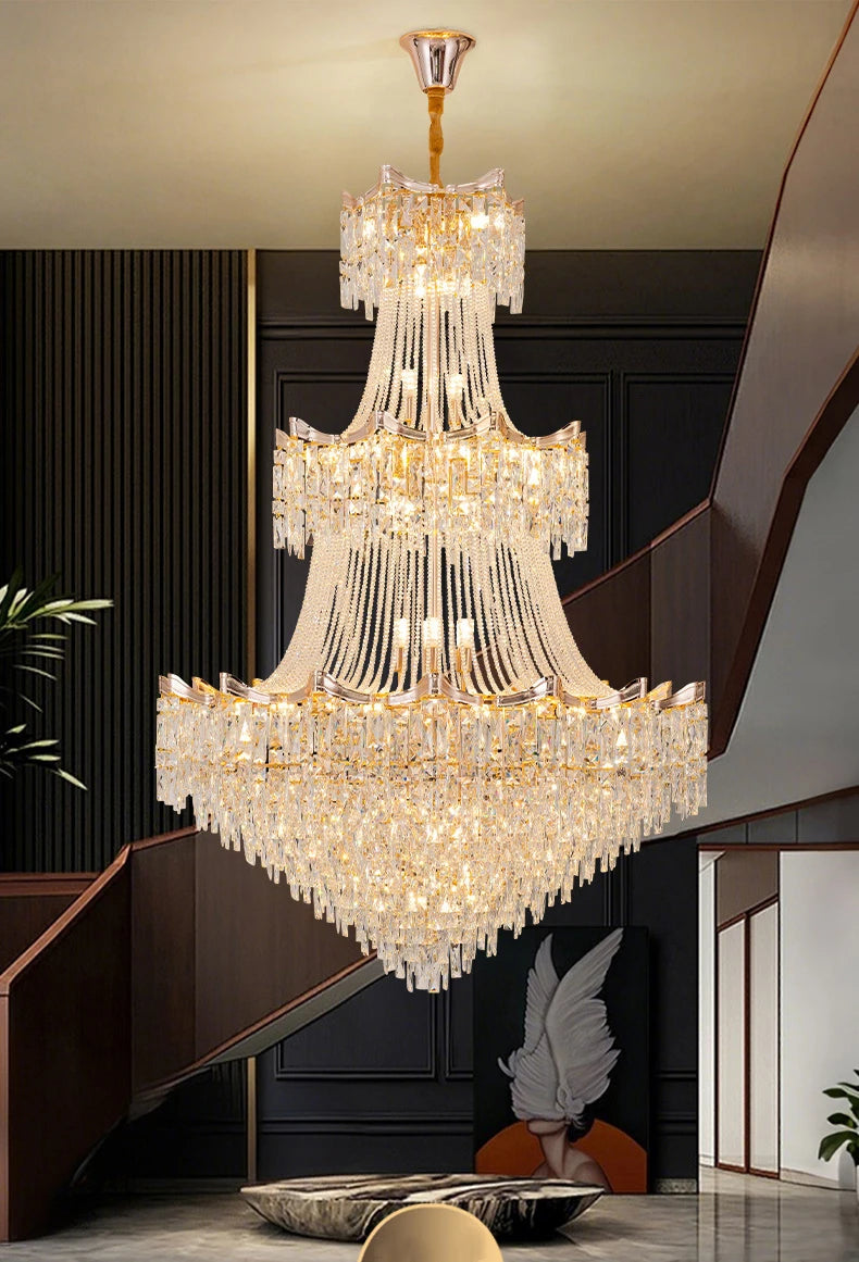 Luxurious chandelier hanging in a room with dark paneling and modern decor.