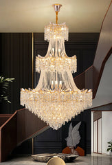 Luxurious chandelier hanging in a room with dark paneling and modern decor.