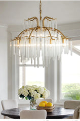 Gold Metal Waterfall Chandelier with Clear Glass Rods