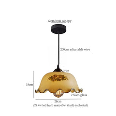 Pendant light with labeled parts and dimensions on a white background