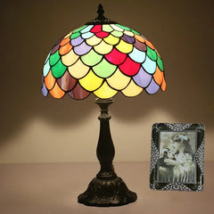 Tiffany Stained Glass Scaled Dome Table Lamp with Dark Bronze Base
