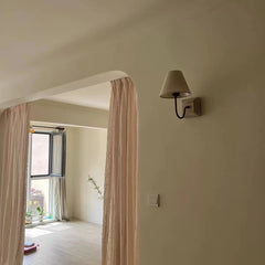 Rustic Wood Square Wall Sconce with Textured Fabric Cone Shade