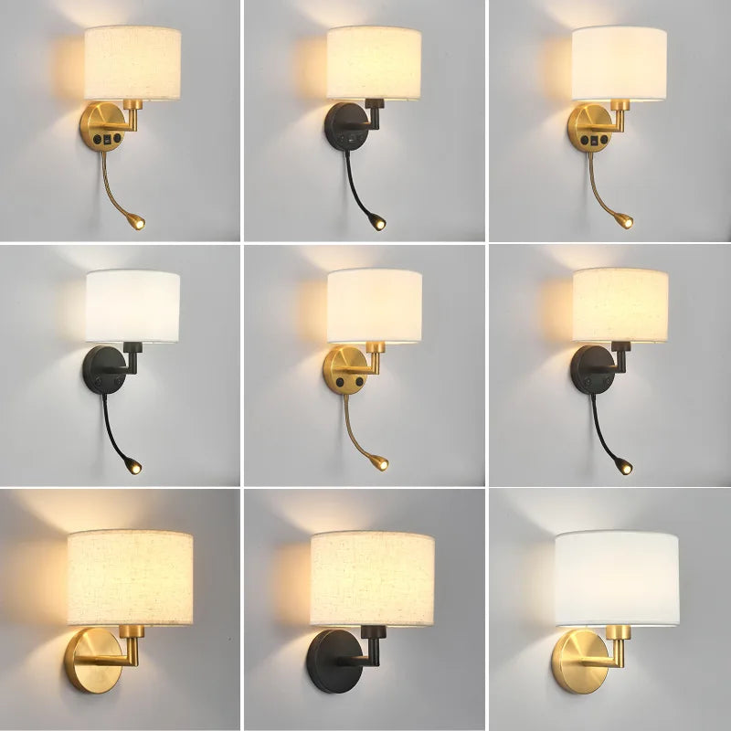 Collage of wall sconces in gold and black finishes on a gray background