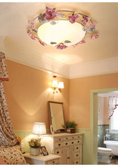 Pink Rose Bud Metal Semi-Flush Ceiling Light with Frosted Glass Shade
