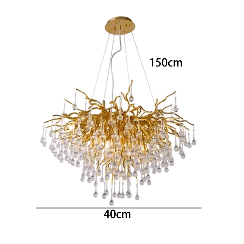 Gold chandelier with measurements on a white background