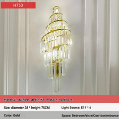 Gold Crystal Spiral Wall Sconce with Modern Brass Frame