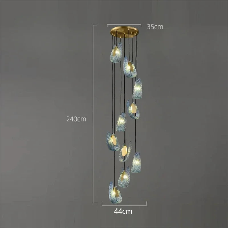 Chandelier with dimensions labeled on a dark background