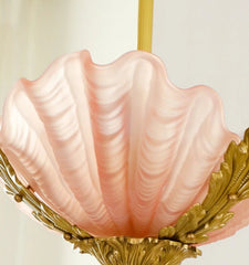 Gold Leaf Seashell Pendant Light with Fluted Pink Frosted Glass Shade