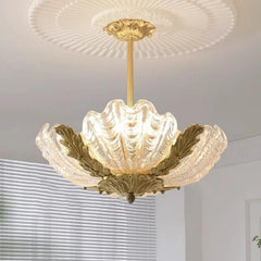 Gold Shell Glass Pendant Light with Leaf Accents
