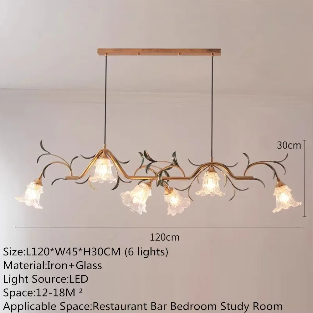 A diagram showing the dimensions of the gold floral branch pendant light, indicating a length of 120cm and a height of 30cm.