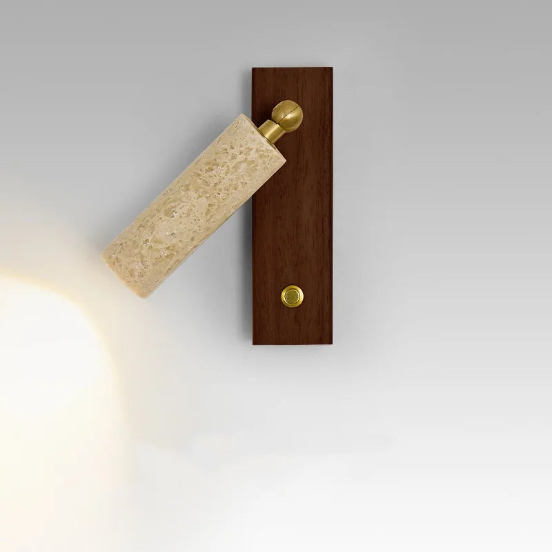Wall sconce with wooden base, beige rectangular shade, and gold accents on a light gray background.