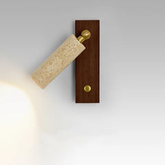 Wall sconce with wooden base, beige rectangular shade, and gold accents on a light gray background.