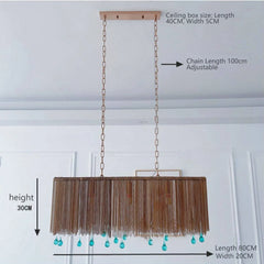 Gold Chain Rectangle Chandelier with Teal Teardrop Crystals