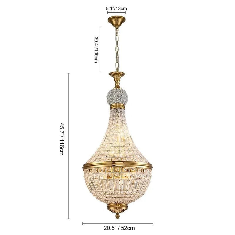 Chandelier with dimensions displayed on a white background