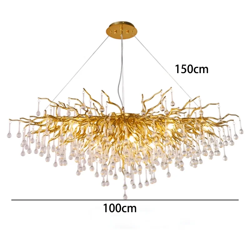 Gold chandelier with branch-like design and crystal accents, shown with dimensions on a white background.