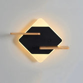 Diamond-shaped wall sconce with a black center, warm LED glow, and two natural wood shelves, featuring a USB port and a light switch.