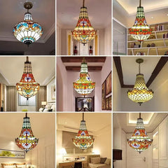 Stained Glass Bell Pendant Light with Gold Finish Metal Frame