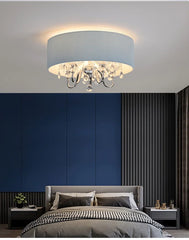 Blue Fabric Drum Pendant Light with Crystal Accents