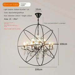 Chandelier with dimensions and specifications on a light gray background