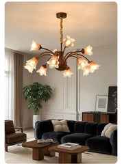Bronze Floral Chandelier Pendant Light with Frosted Glass Bell Shades